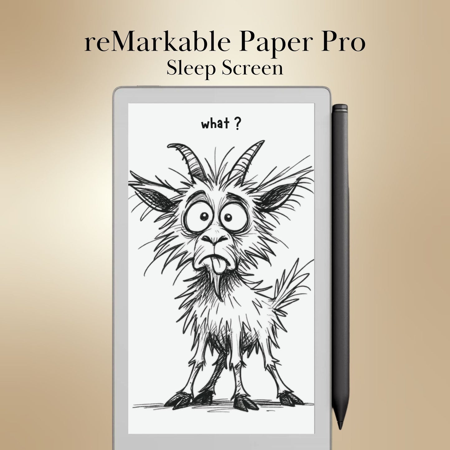 reMarkable Paper Pro Move Sleep Screen with a cartoon goat illustration and 'what?' text on a beige background