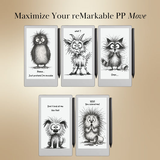 Fun Sleep Screens for reMarkable Paper Pro Move with humorous expressions on a beige background.