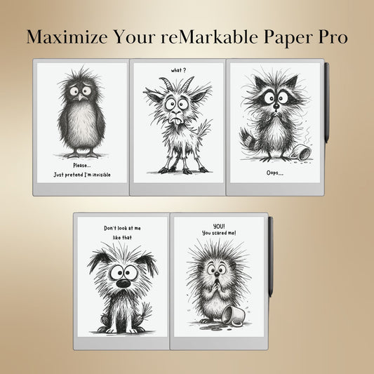 Five illustrations of cartoon characters on a beige background with text 'Maximize Your reMarkable Paper Pro'.