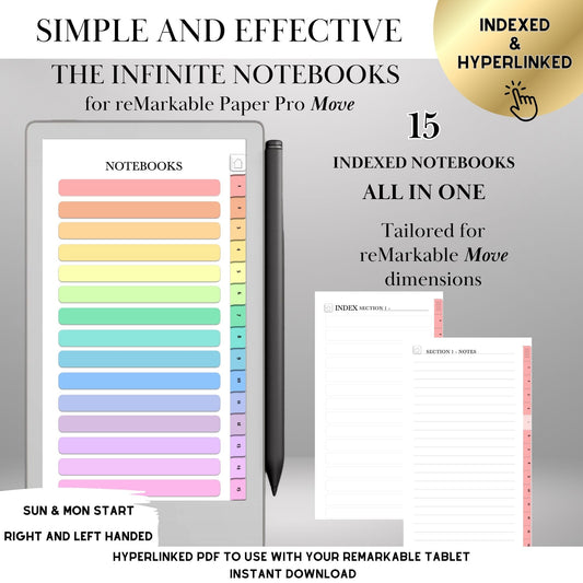 Infinite Notebooks for reMarkable Paper Pro Move Hyperlinked PDF Template Colored Notebooks templates Digital Notebooks eInk