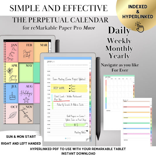 Perpetual Calendar for reMarkable Paper Pro Move Templates, Daily planner Undated Monthly Weekly Daily Hourly Hyperlinked Planner