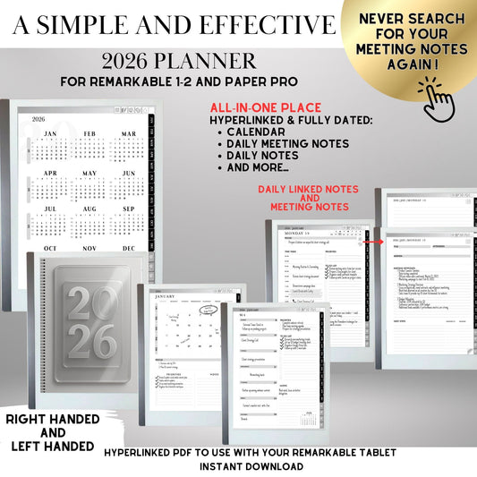 2026 Digital Planner for reMarkable 2 & Paper Pro: Hyperlinked Productivity Notebook (PDF Download)