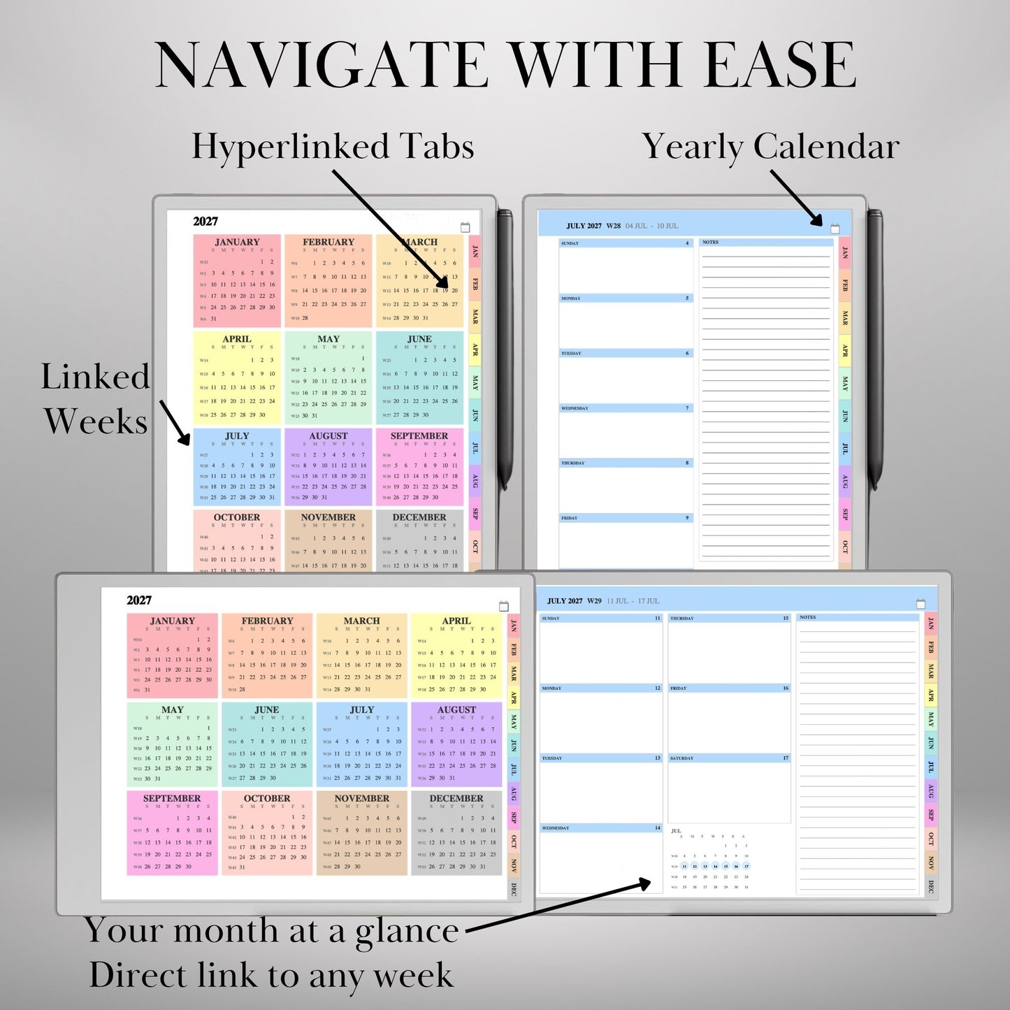 reMarkable Paper Pro — Weekly Planner 2027, dated calendar Sun & Mon start, portrait & landscape