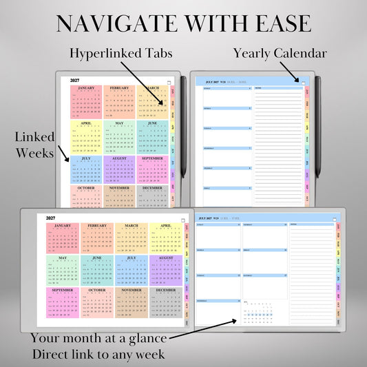 reMarkable Paper Pro — Weekly Planner 2027, dated calendar Sun & Mon start, portrait & landscape