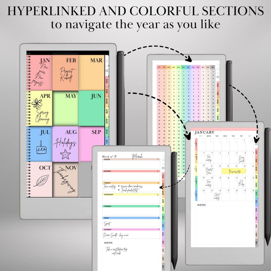 Perpetual Calendar for reMarkable Paper Pro Move Templates, Daily planner Undated Monthly Weekly Daily Hourly Hyperlinked Planner
