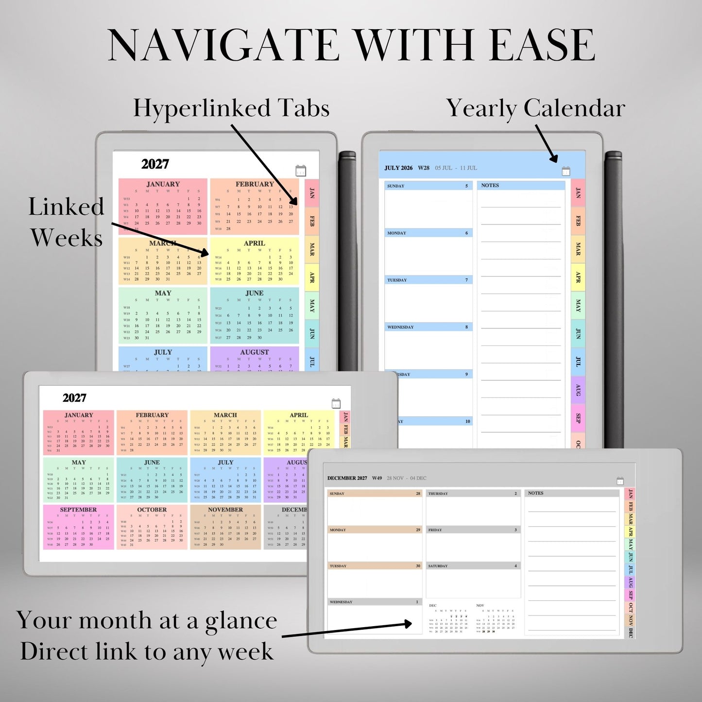 reMarkable Paper Pro Move — Weekly Planner 2027, dated calendar Sun & Mon start, portrait & landscape