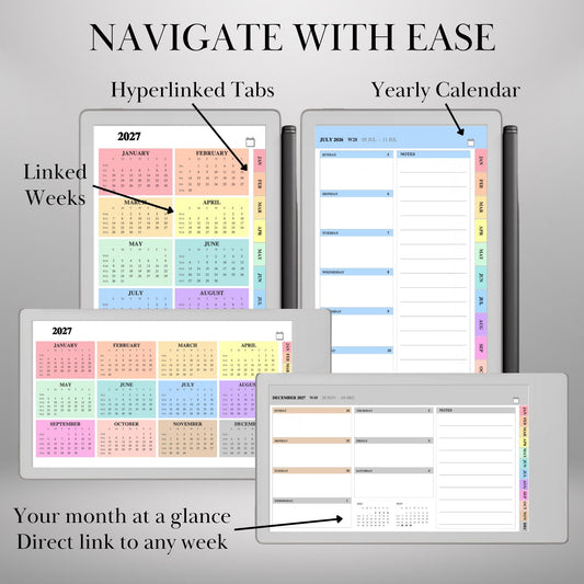 reMarkable Paper Pro Move — Weekly Planner 2027, dated calendar Sun & Mon start, portrait & landscape