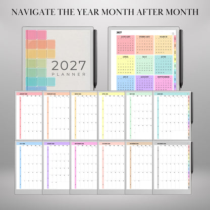 reMarkable Paper Pro — Monthly Planner 2027, full-page calendar & year overview