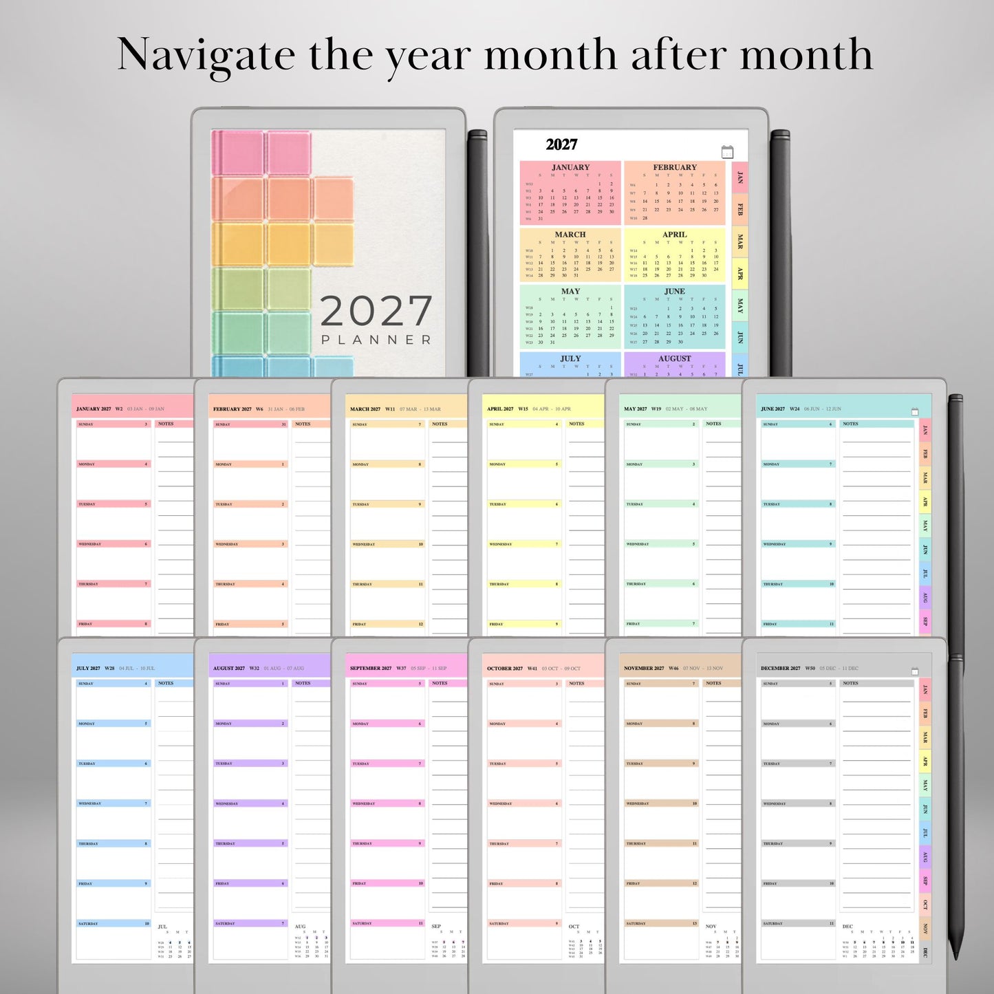 reMarkable Paper Pro Move — Weekly Planner 2027, dated calendar Sun & Mon start, portrait & landscape