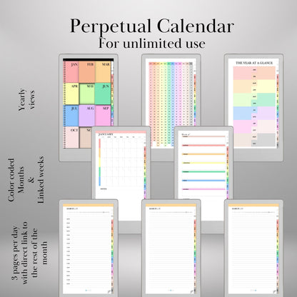 Perpetual Calendar for reMarkable Paper Pro Move Templates, Daily planner Undated Monthly Weekly Daily Hourly Hyperlinked Planner
