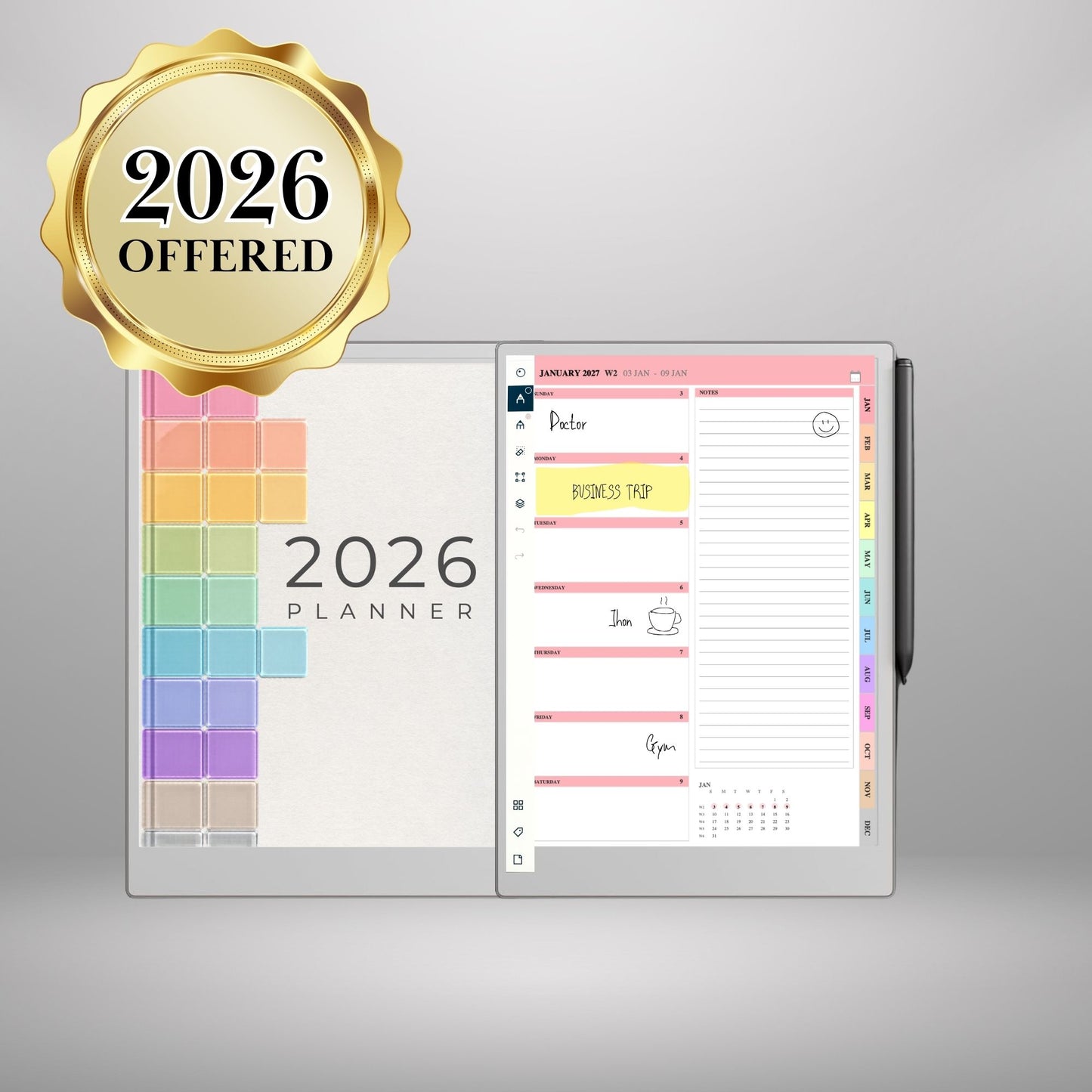 reMarkable Paper Pro — Weekly Planner 2027, dated calendar Sun & Mon start, portrait & landscape