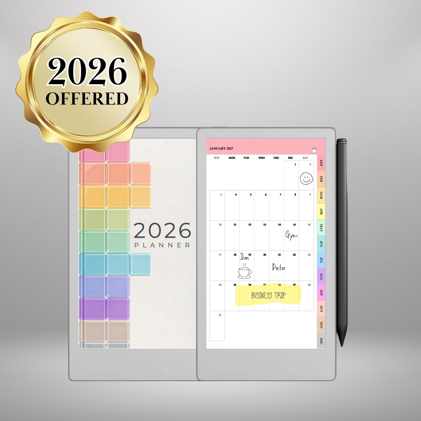 reMarkable Paper Pro Move — Monthly Planner 2027, full-page calendar & year overview