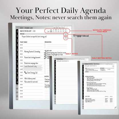2025 Planner for reMarkable 2 and reMarkable Paper Pro Calendar reMarkable Hyperlinked Notes and Daily Meeting Notes Hyperlinked Planner