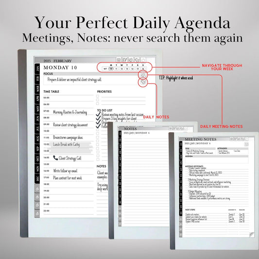 2025 Planner for reMarkable 2 and reMarkable Paper Pro Calendar reMarkable Hyperlinked Notes and Daily Meeting Notes Hyperlinked Planner