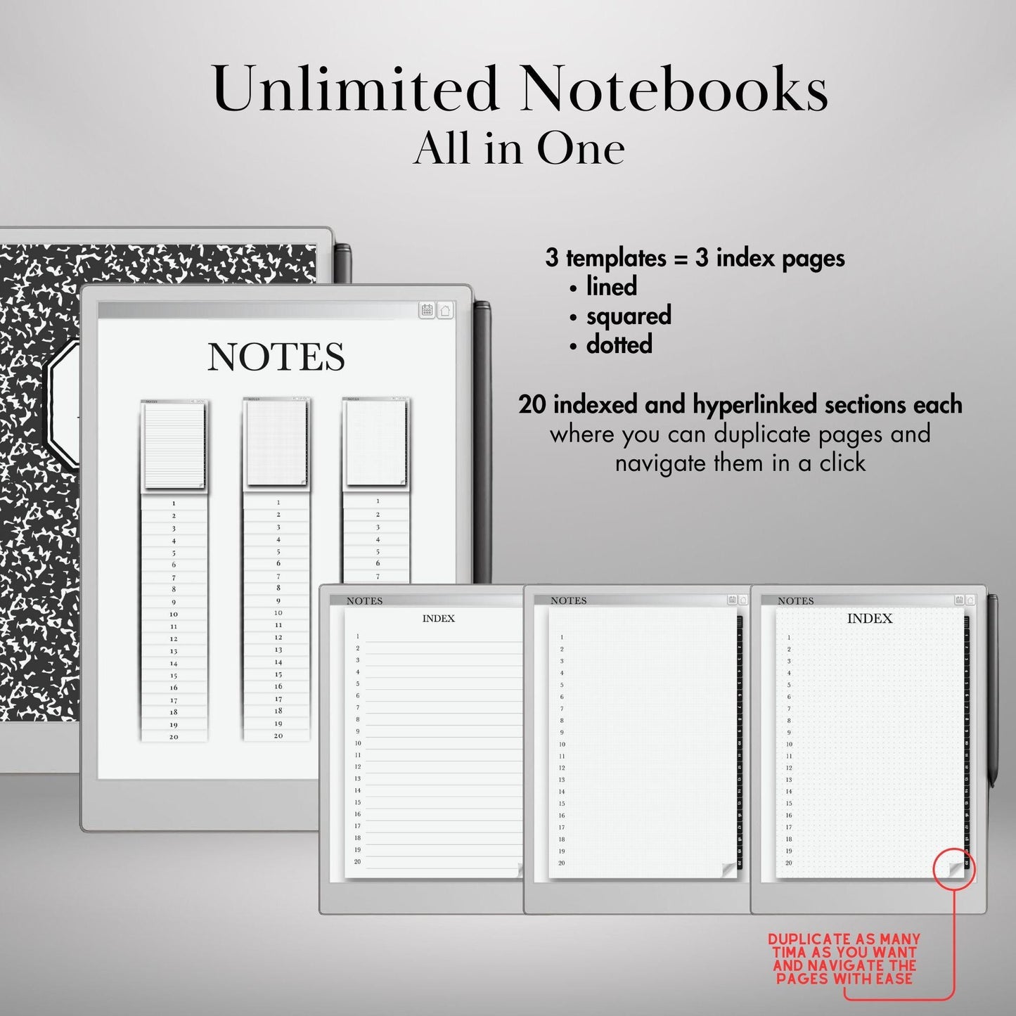 Notebook Bundle for reMarkable Paper Pro and remarkable 2 Hyperlinked, Indexed PDF Notebooks Lined, Grid, Dotted & Blank Pages eInk Template