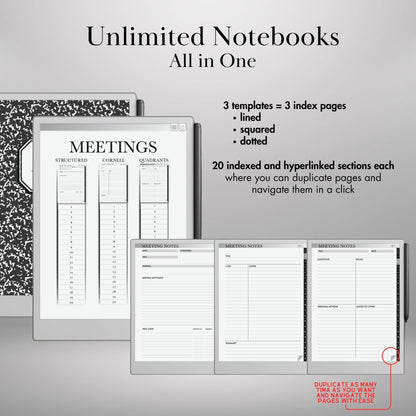 Meeting Notebooks Bundle for reMarkable Paper Pro, Structured, Cornell and Quandrants layouts, Hyperlinked and Indexed e-Ink Templates