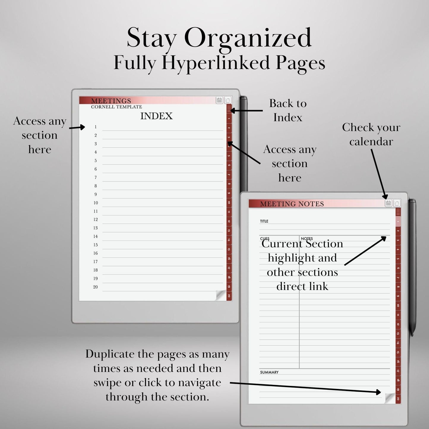 Meeting Notebooks Bundle for reMarkable Paper Pro, Structured, Cornell and Quandrants layouts, Hyperlinked and Indexed e-Ink Templates