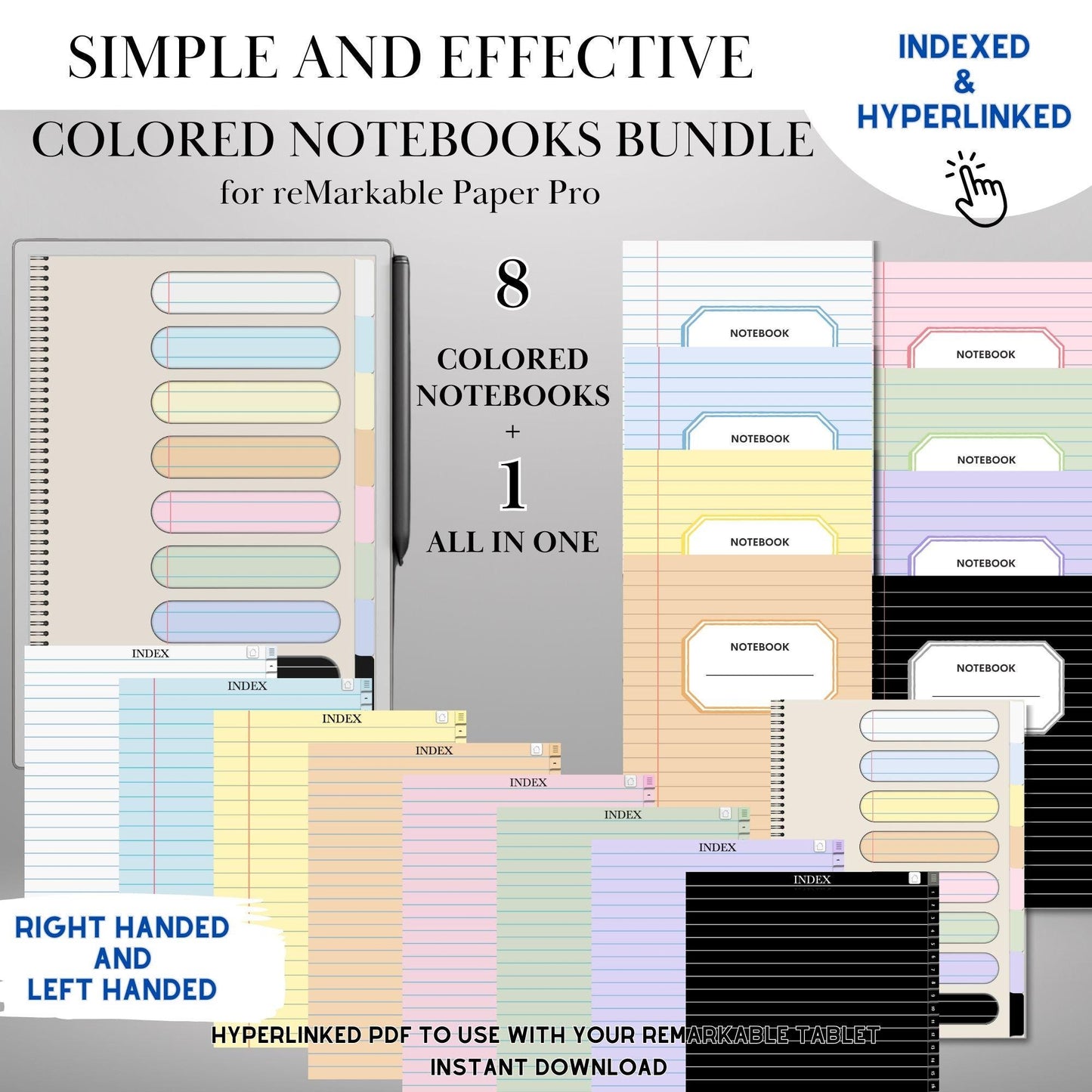 Color Notebook Bundle for reMarkable Paper Pro 8+1 Color Paper Notebooks Hyperlinked and Indexed Digital Notebooks Bundle eInk Templates
