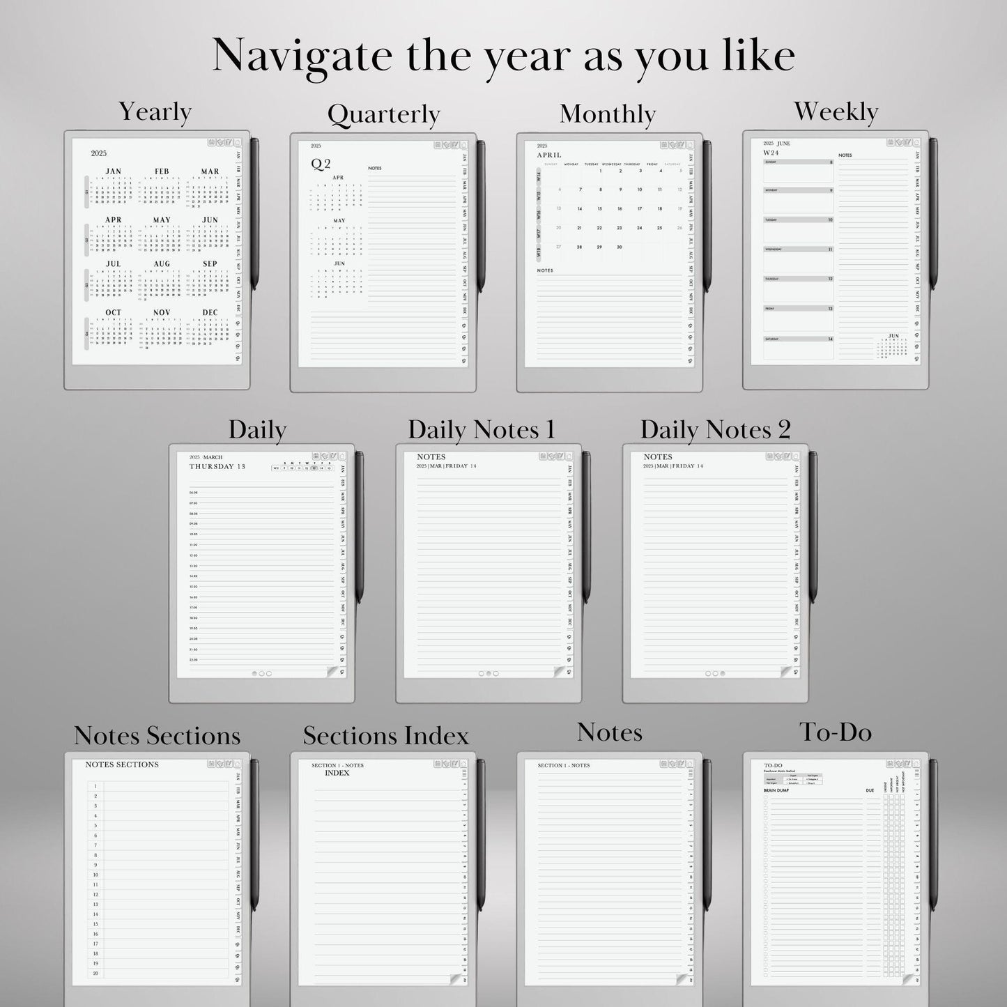 Daily Planner 2025 for Remakable Paper pro and reMarkable 2 Hourly Planner Template Hyperlinked Notebook reMarkable 2 Template Organizer