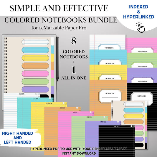 Color Paper Notebook Bundle for reMarkable Paper Pro 8+1 Color Paper Notebooks Hyperlinked and Indexed Digital Notebook e-Ink Template