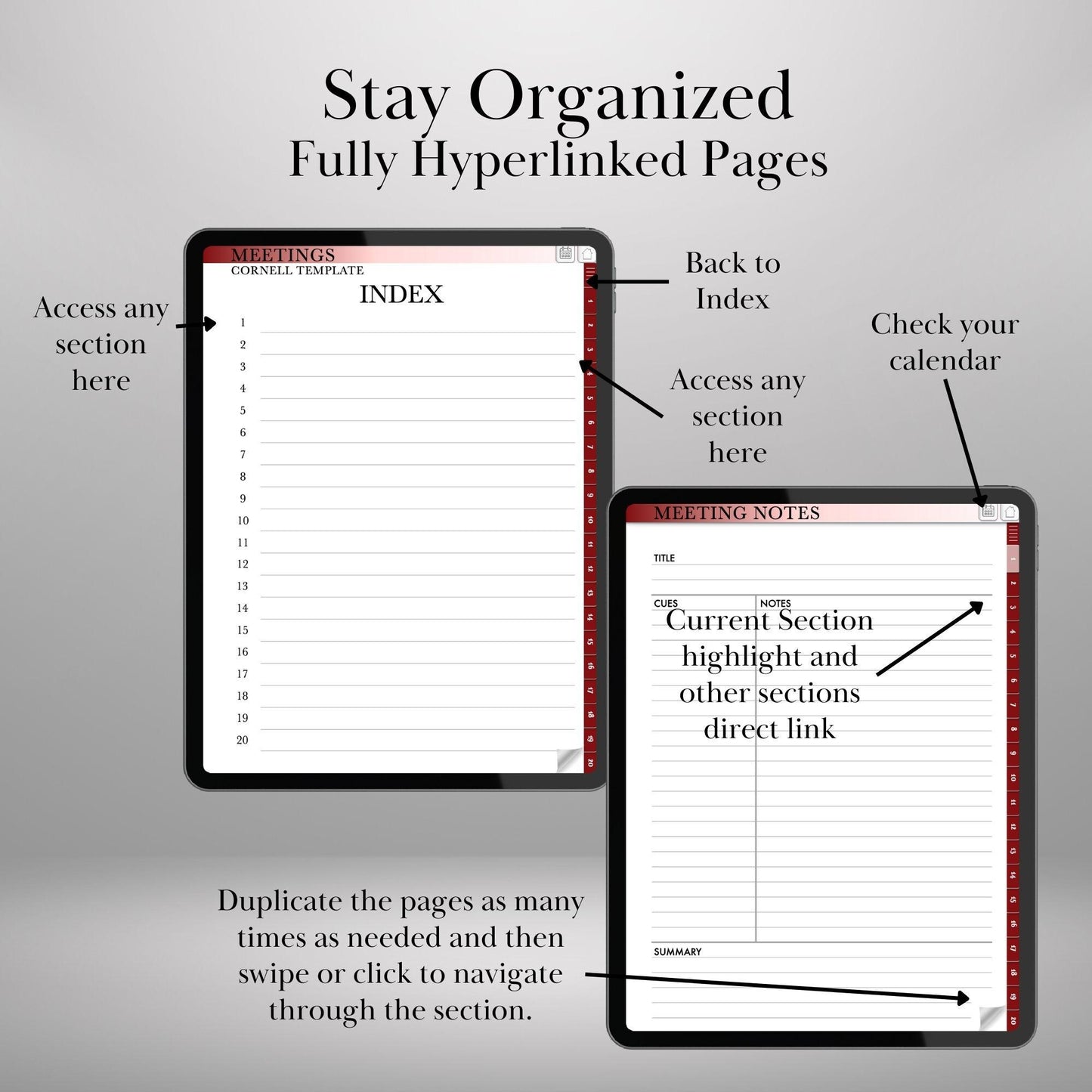 Digital meeting notebook Bundle Cornell, Structured and Quandrants layouts | digital notebook Cornell | Goodnotes Hyperlinked Notes Template