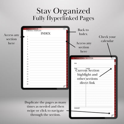 Digital meeting notebook Bundle Cornell, Structured and Quandrants layouts | digital notebook Cornell | Goodnotes Hyperlinked Notes Template