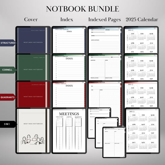 Digital meeting notebook Bundle Cornell, Structured and Quandrants layouts | digital notebook Cornell | Goodnotes Hyperlinked Notes Template
