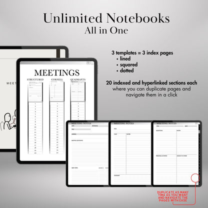 Digital meeting notebook Bundle Cornell, Structured and Quandrants layouts | digital notebook Cornell | Goodnotes Hyperlinked Notes Template