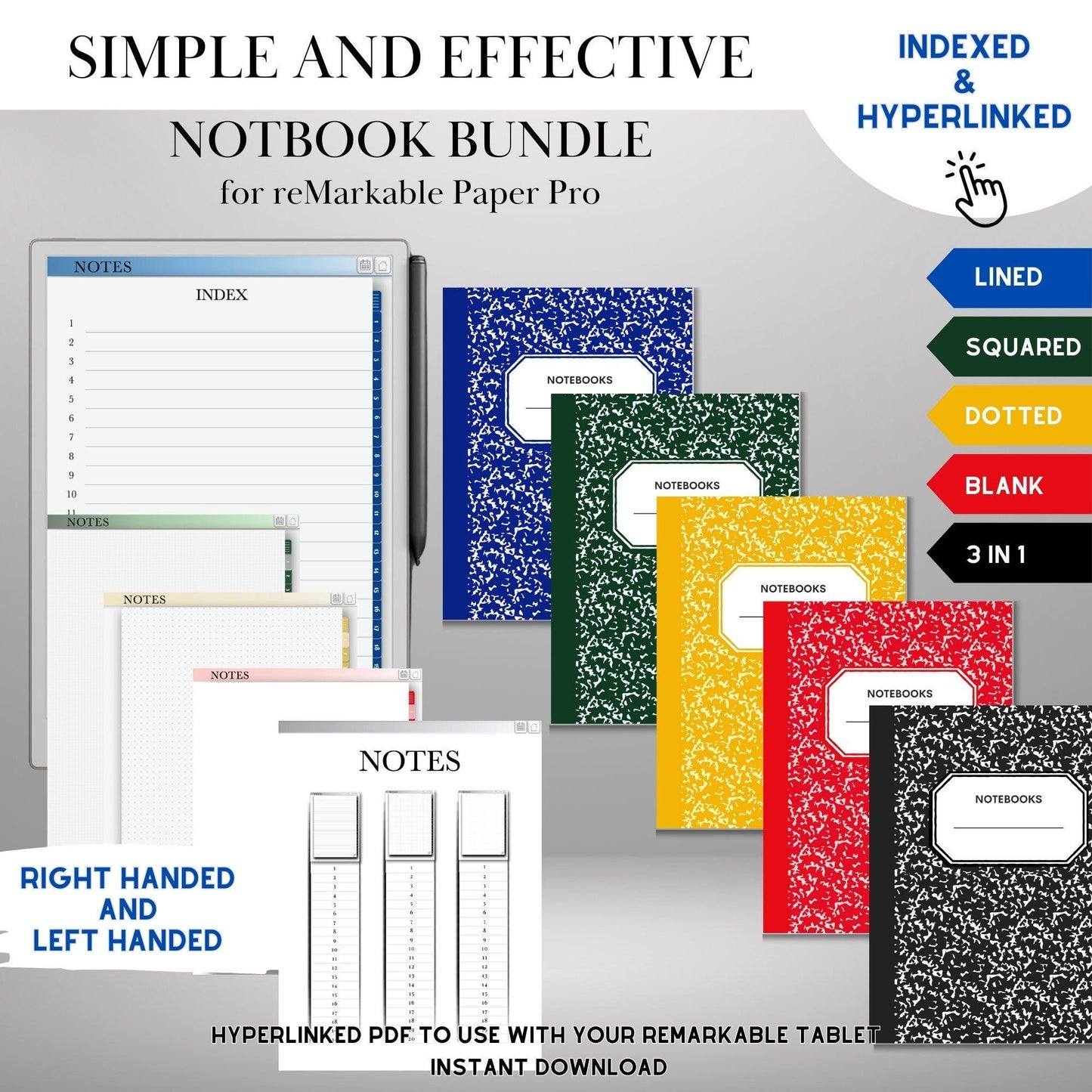 Notebook Bundle for reMarkable Paper Pro and remarkable 2 Hyperlinked, Indexed PDF Notebooks Lined, Grid, Dotted & Blank Pages eInk Template