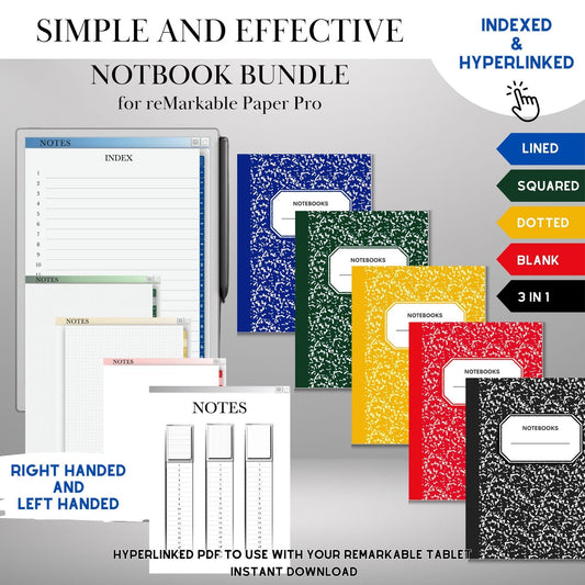 Notebook Bundle for reMarkable Paper Pro and remarkable 2 Hyperlinked, Indexed PDF Notebooks Lined, Grid, Dotted & Blank Pages eInk Template