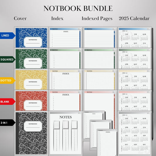 Notebook Bundle for reMarkable Paper Pro and remarkable 2 Hyperlinked, Indexed PDF Notebooks Lined, Grid, Dotted & Blank Pages eInk Template