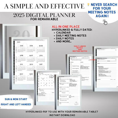 2025 Planner for reMarkable 2 and reMarkable Paper Pro Calendar reMarkable Hyperlinked Notes and Daily Meeting Notes Hyperlinked Planner