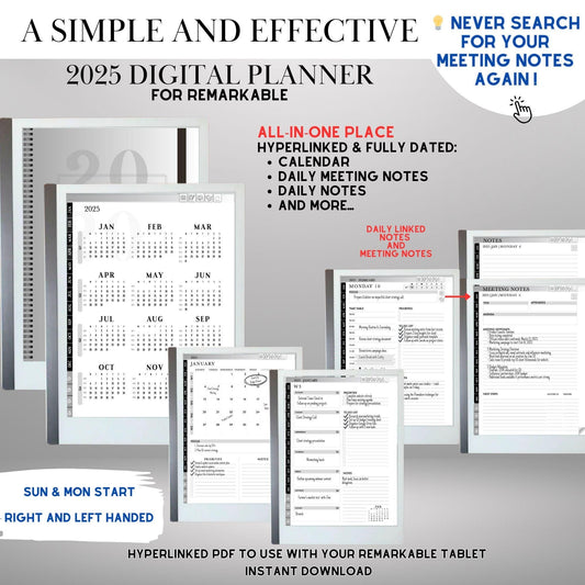 2025 Planner for reMarkable 2 and reMarkable Paper Pro Calendar reMarkable Hyperlinked Notes and Daily Meeting Notes Hyperlinked Planner