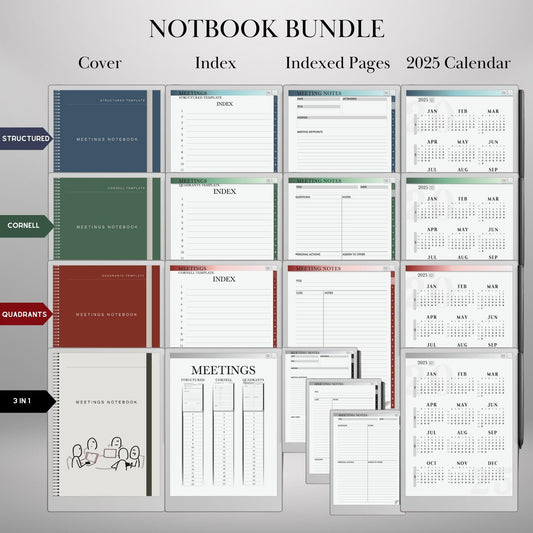 Meeting Notebooks Bundle for reMarkable Paper Pro, Structured, Cornell and Quandrants layouts, Hyperlinked and Indexed e-Ink Templates