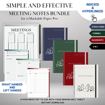 Meeting Notebooks Bundle for reMarkable Paper Pro, Structured, Cornell and Quandrants layouts, Hyperlinked and Indexed e-Ink Templates