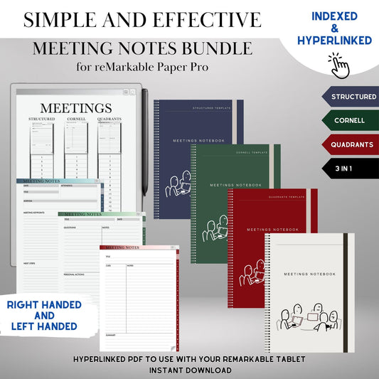 Meeting Notebooks Bundle for reMarkable Paper Pro, Structured, Cornell and Quandrants layouts, Hyperlinked and Indexed e-Ink Templates
