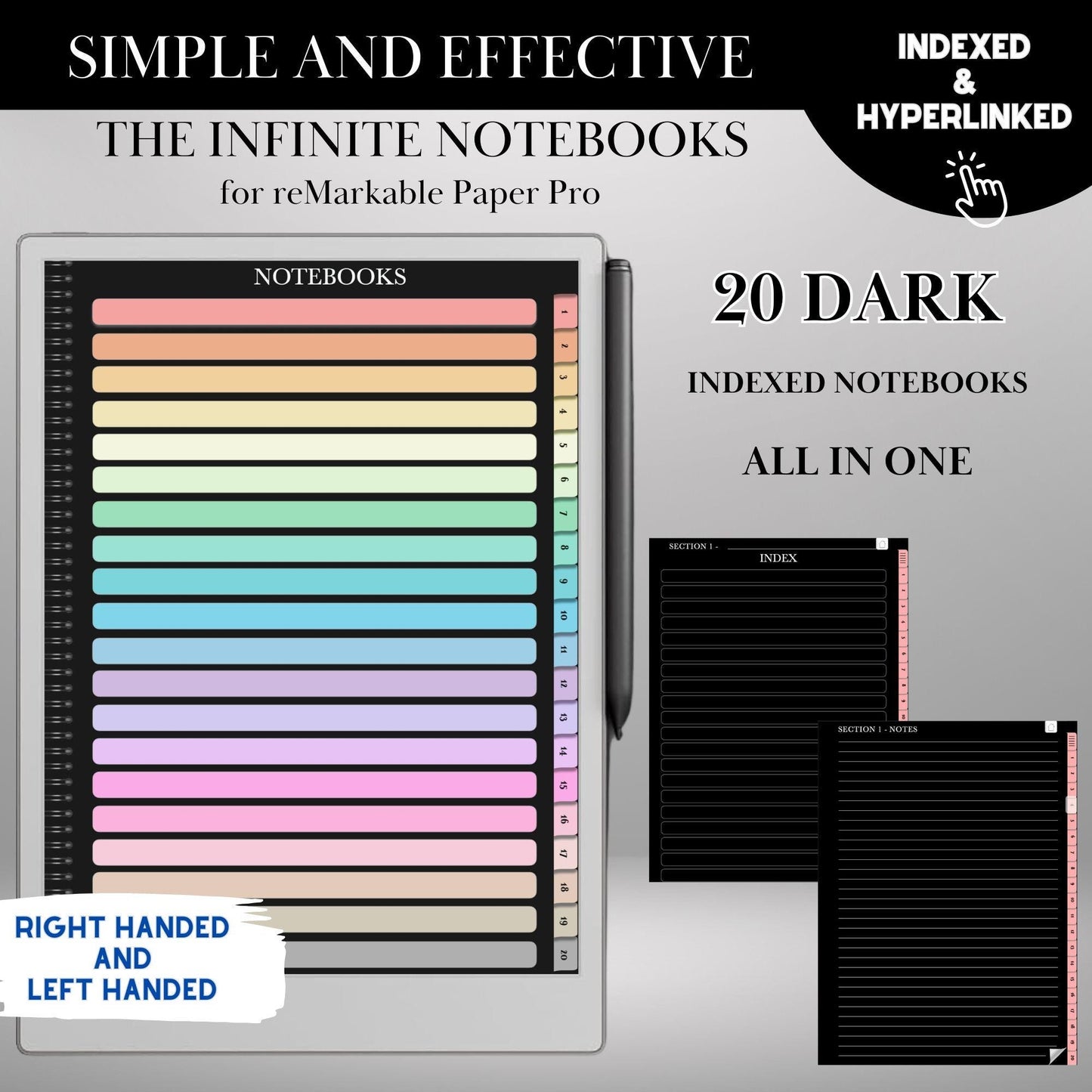 reMarkable Paper Pro Dark Notebook| Remarkable 2 Hyperlinked PDF Template | Black Notebooks templates | Digital Notebooks | eInk Templates