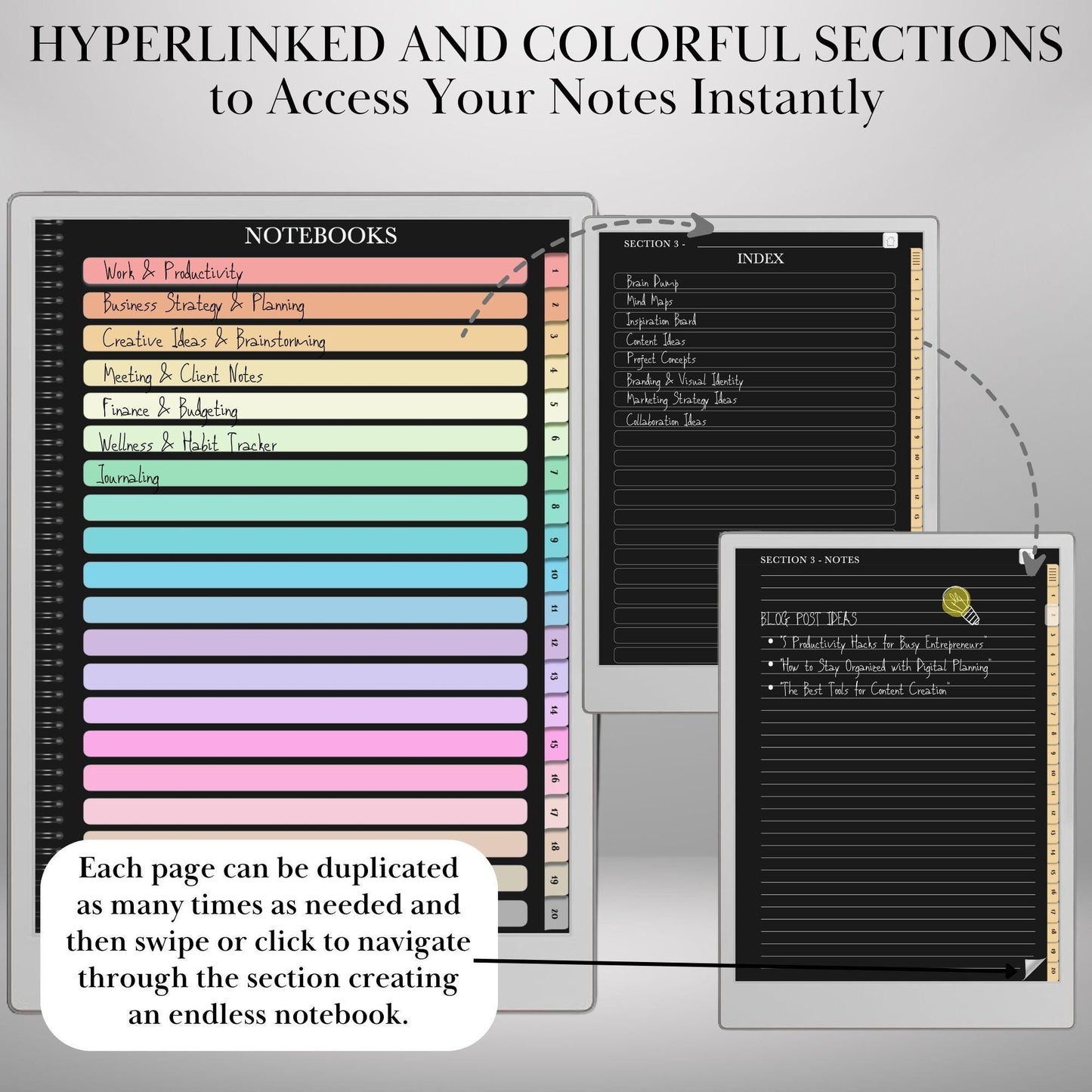 reMarkable Paper Pro Dark Notebook| Remarkable 2 Hyperlinked PDF Template | Black Notebooks templates | Digital Notebooks | eInk Templates