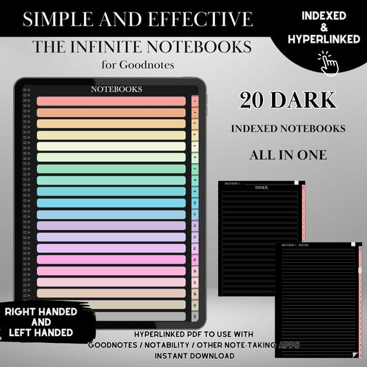 Digital Dark Notebook with tabs for Goodnotes | Ipad Notebook | Hyperlinked PDF Template | Notebook templates | Digital Notebook Template