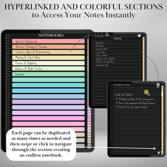 Digital Dark Notebook with tabs for Goodnotes | Ipad Notebook | Hyperlinked PDF Template | Notebook templates | Digital Notebook Template