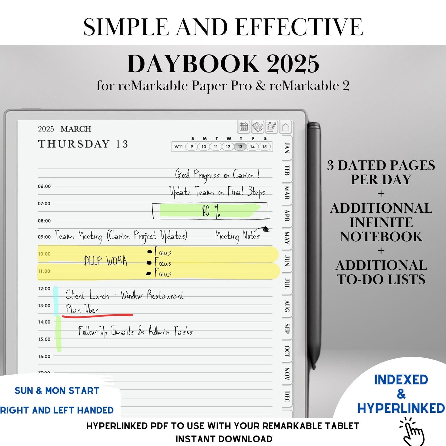 Daily Planner 2025 for Remakable Paper pro and reMarkable 2 Hourly Planner Template Hyperlinked Notebook reMarkable 2 Template Organizer
