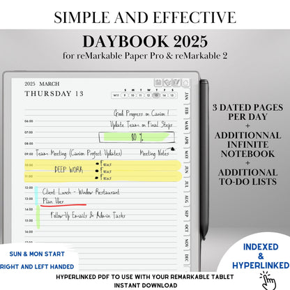 Daily Planner 2025 for Remakable Paper pro and reMarkable 2 Hourly Planner Template Hyperlinked Notebook reMarkable 2 Template Organizer