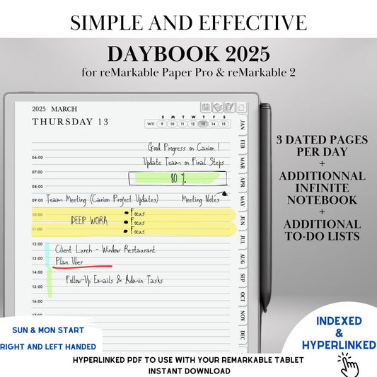 Daily Planner 2025 for Remakable Paper pro and reMarkable 2 Hourly Planner Template Hyperlinked Notebook reMarkable 2 Template Organizer