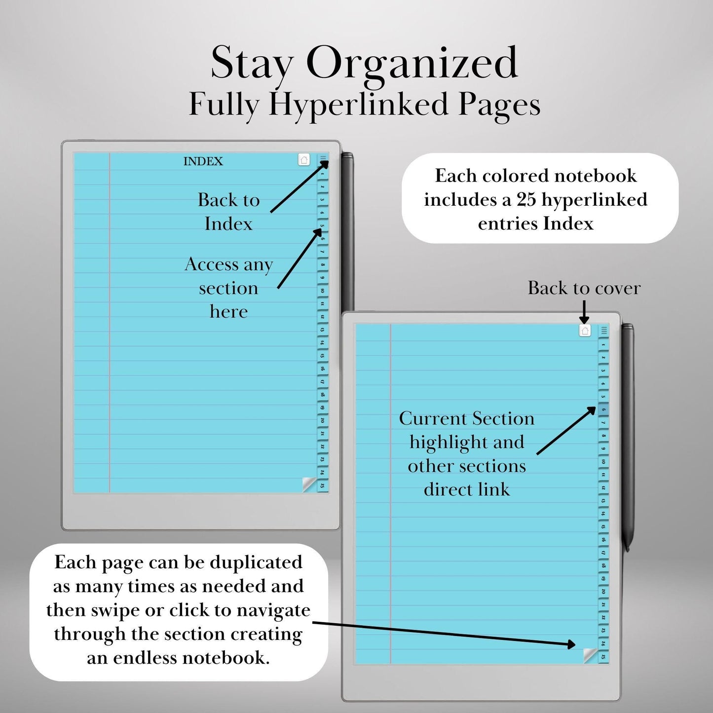 Color Paper Notebook Bundle for reMarkable Paper Pro 8+1 Color Paper Notebooks Hyperlinked and Indexed Digital Notebook e-Ink Template