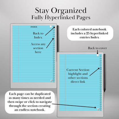 Color Paper Notebook Bundle for reMarkable Paper Pro 8+1 Color Paper Notebooks Hyperlinked and Indexed Digital Notebook e-Ink Template