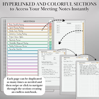 Meeting Notes for reMarkable Paper Pro and Remarkable 2 Hyperlinked Template  Meeting Notebook Digital Business and Productivity Template