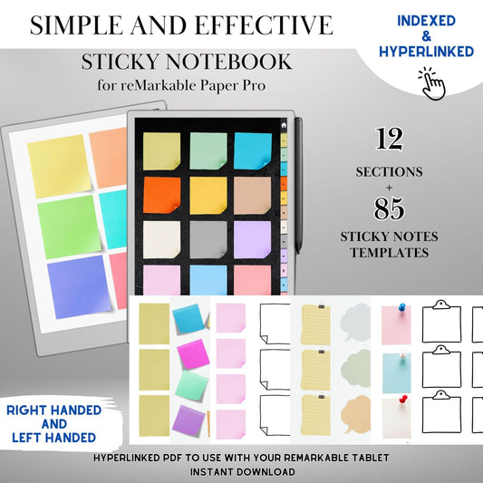 Sticky Notes Bundle for Remarkable Paper Pro Hyperlinked Notebook with 85 Templates & 12 Sections | Remarkable Templates Notes E-Ink Tablet