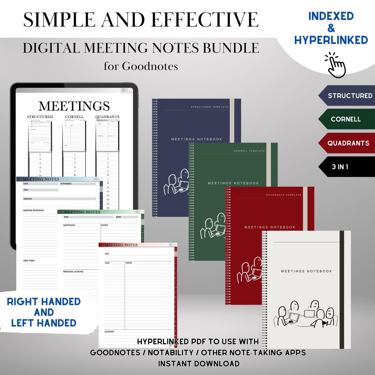 Digital meeting notebook Bundle Cornell, Structured and Quandrants layouts | digital notebook Cornell | Goodnotes Hyperlinked Notes Template