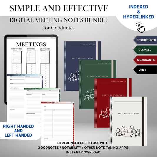 Digital meeting notebook Bundle Cornell, Structured and Quandrants layouts | digital notebook Cornell | Goodnotes Hyperlinked Notes Template