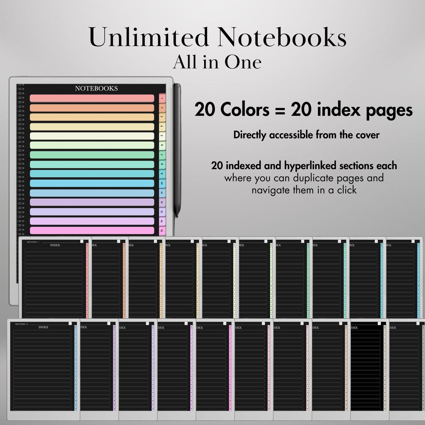 reMarkable Paper Pro Dark Notebook| Remarkable 2 Hyperlinked PDF Template | Black Notebooks templates | Digital Notebooks | eInk Templates